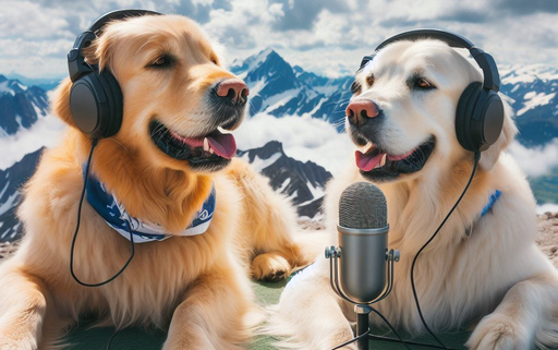 Two golden retrievers podcasting on top of a mountain