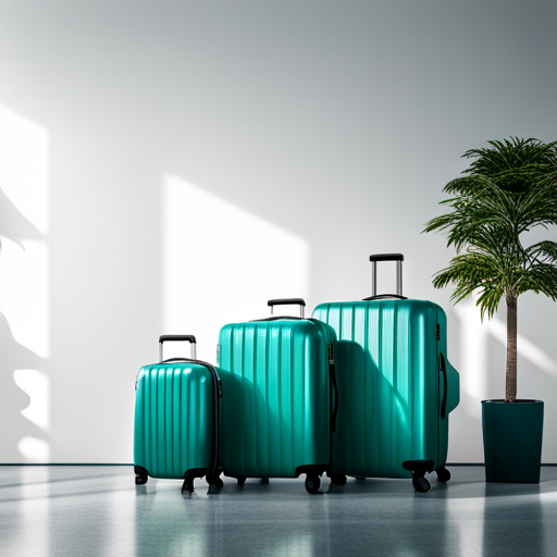 Create a photo-realistic image of three teal-green suitcases, lined up in increasing size from left to right against a stark white wall. All have a wave pattern, extendable handle, four wheels, and bear the 'eTrado' logo. Ideal for an online shop product description.